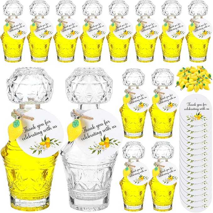 Chuangdi 16 Sets Mini Limoncello Glass Bottles Limoncello Bottles with Labels 1.7 oz Lemon Pendants Lemon Party Favors for Homemade Brewing Wedding Baby Shower Gifts(Retro)
