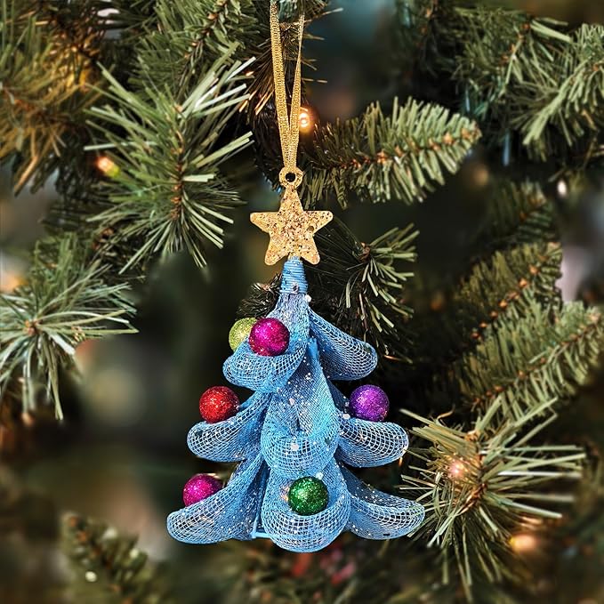 XMIAOX Mini Metal Christmas Tree, 5.9" Handcrafted Wire Mesh Tree Tabletop Hanging Ornament with Star Tree Topper & Colorful Glitter Balls, Sparkling Holiday Decoration for Desk, Shelf & Home Décor
