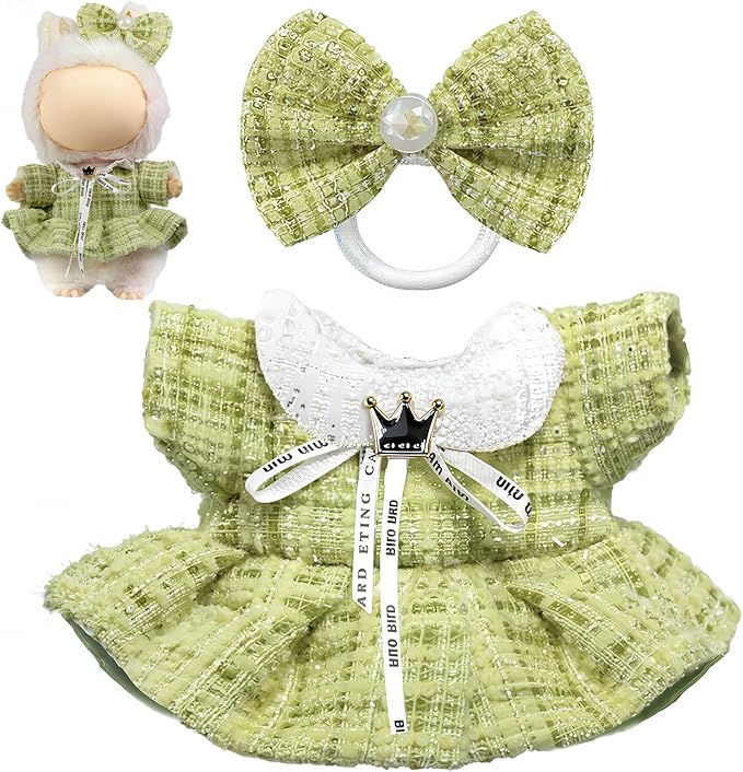 Clothes for LABUBU Doll (NO Doll), Luxury Chic Style 2-Piece Accessories for LABUBU 17cm Dolls, Premium Fashion Outfits for LABUBU - Bow Headdress + Plaid Tweed Dress (Green)