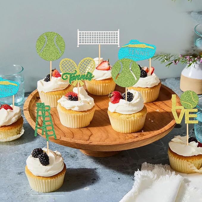 24 Pcs Tennis Cupcake Toppers Sports Ball Tennis Cupcake Picks Tennis Birthday Party Decorations Cake Decor for Sports Balls Theme Boys Girl Birthday Party Supplies