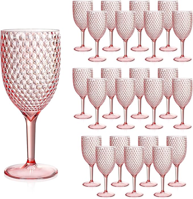 24Pcs Pink Plastic Wine Glasses 13.5oz Reusable Acrylic Wedding Goblets Toasting Glassware Unbreakable Wine Cups with Long Stem Crystal Drinking Glasses Champagne Flutes for Bar Restaurants Party