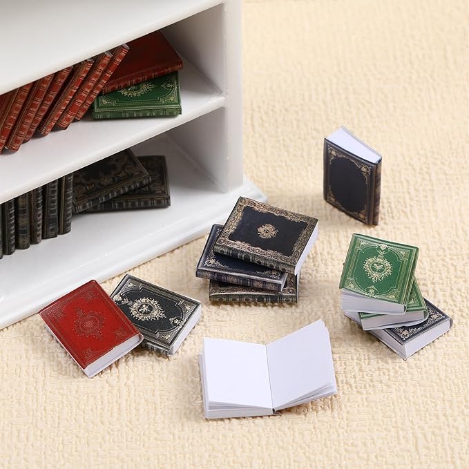 Poen 27 Pcs 1: 12 Scale Miniatures Dollhouse Books and a Wooden Bookcase 4 Floors Dollhouse Bookshelf Decoration Accessories for House Bedroom, White