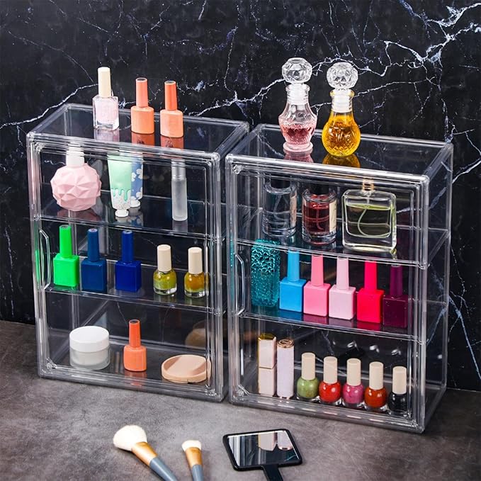 6 Pcs Clear Acrylic Display Case 3 Tier Display Shelf Storage Boxes Cabinet Organizer with Magnetic Door for Figures Toys (Clear)