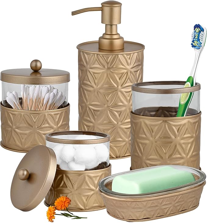 Autumn Alley Brushed Gold Bathroom Accessories Set, 5 Piece Champagne Gold Modern Bathroom Decor - Soap Dispenser, Toothbrush Holder, 2 Apothecary Jars, Soap Holder, Farmhouse Bathroom Décor