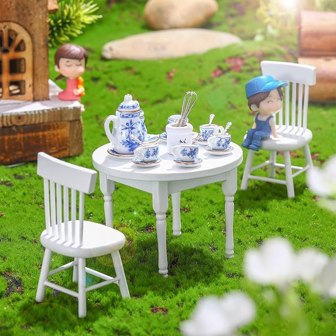 Zhanmai 47 Miniatures Dollhouse Kitchen Accessories Miniature Porcelain Tea Cup Set, Metal Pots and Pans Include 16 Mini Doll Plates Knife Fork Spoon, 6 Egg Beater Utensil, 10 Stovetop Cookware