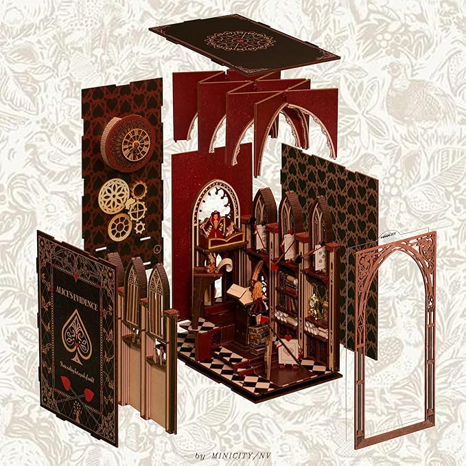 Book Nook Kit - DIY Miniature Dollhouse Kit for Adults and Teens, Tiny House Booknook Bookshelf Decor 3D Wooden Puzzle, Gifts for Family, Friends (Alice Evidence)