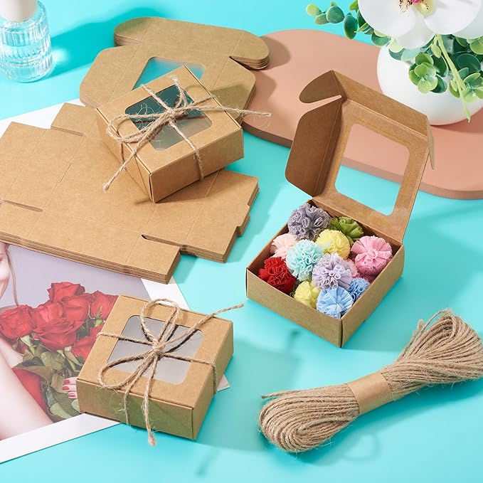 Craftdady 20pcs Small Square Brown Gift Boxes Party Favors Crafts Box with Jute String Folding Packing Boxes with Visible Window for Birthday Christmas Weddings 2.7"x2.58"x1.18"