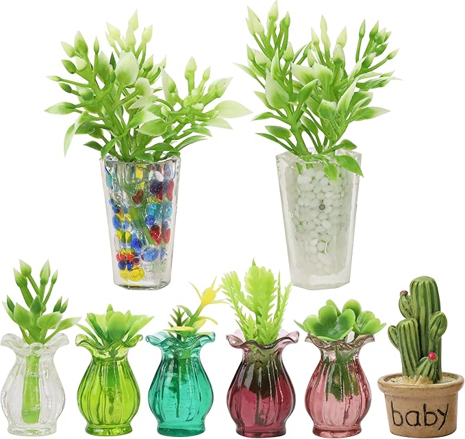 8Pcs Miniature Plants for Dollhouse 1/12 Scale, Mini Flower Pots and Glass Vases Bulk Set, Tiny Potted Succulent Buds Accessories for, Micro Landscape, Garden, DIY Crafts, Table Festival Decoration