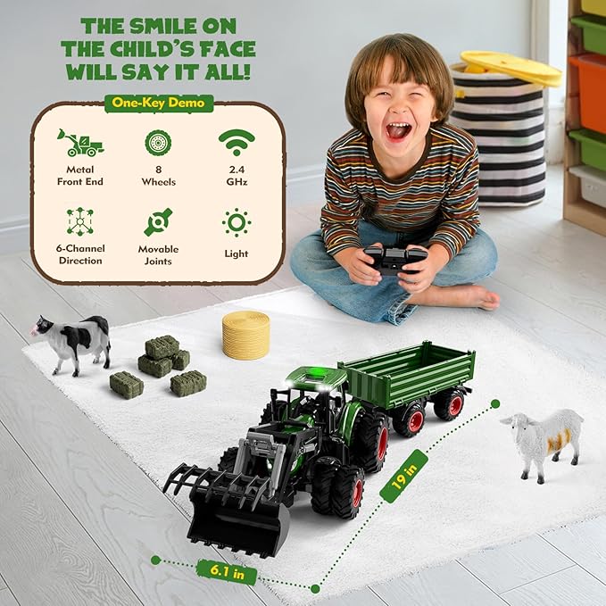 Remote Control Tractor Toy with Trailer | Metal Front & Front Loader Farm Vehicle Set with Lights & 8-Wheel Design, RC Tractor Truck for Boys & Girls Ages 3-9, Fun Farm Toy Gift for Toddlers & Kids