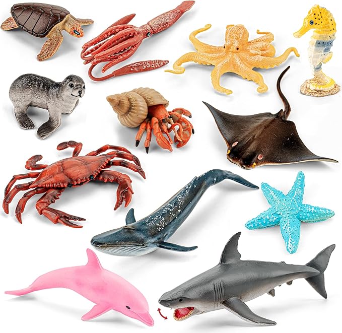 12PCS Ocean Sea Animal Toys for Kids,Realistic Soft Plastic Shark,Whale,Dolphin,Hermit Crab,Octopus,Starfish,Sea Turtle,Party Favors Birthday Gifts Cake Toppers for Boys Girls