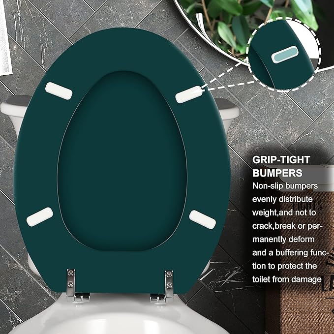 Dark Green Elongated Toilet Seat Natural Wood Toilet Seat with Zinc Alloy Hinges, Easy to Install also Easy to Clean, Scratch Resistant Toilet Seat by Angol Shiold (Elongated, Dark Green)