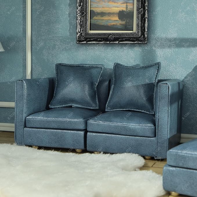 iLAND Dollhouse Furniture Miniature Sectional Couch Set for Doll House Décor Fit 1/12 Scale Accessories, Modern Blue Faux Leather Sofa Timeless & Classic