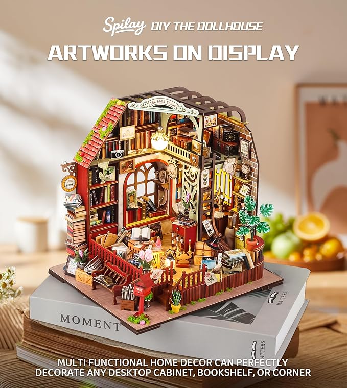 Spilay DIY Miniature Dollhouse Wooden Furniture Kit,Mini Handmade Mini Model with Dust Cover & Music Box,1:24 Scale Creative Woodcrafts for Adult Friend Lover Birthday Gift-Book House