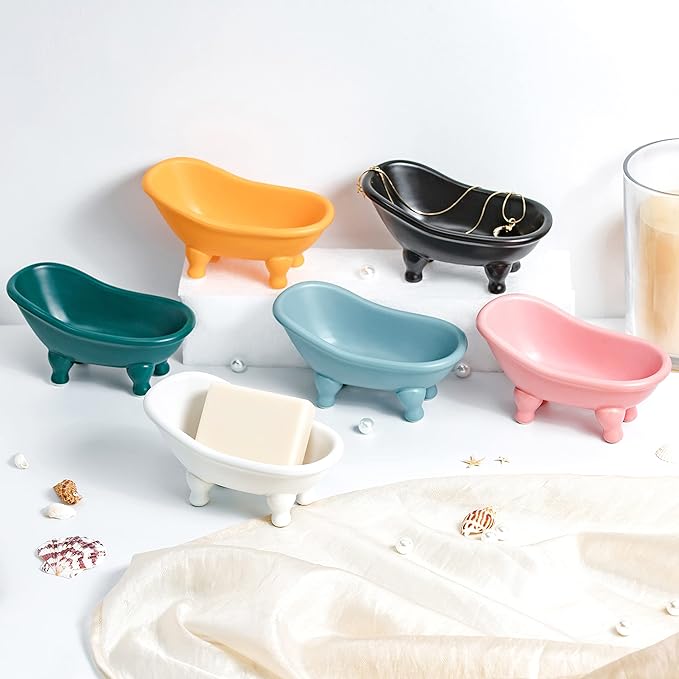 1 Piece 5.6" Colorful Ceramic Mini Clawfoot Bathtub Soap Dish Decortative Soap Dish Small Planter Makeup Organizer Container Hamster Bathtub（Pink）