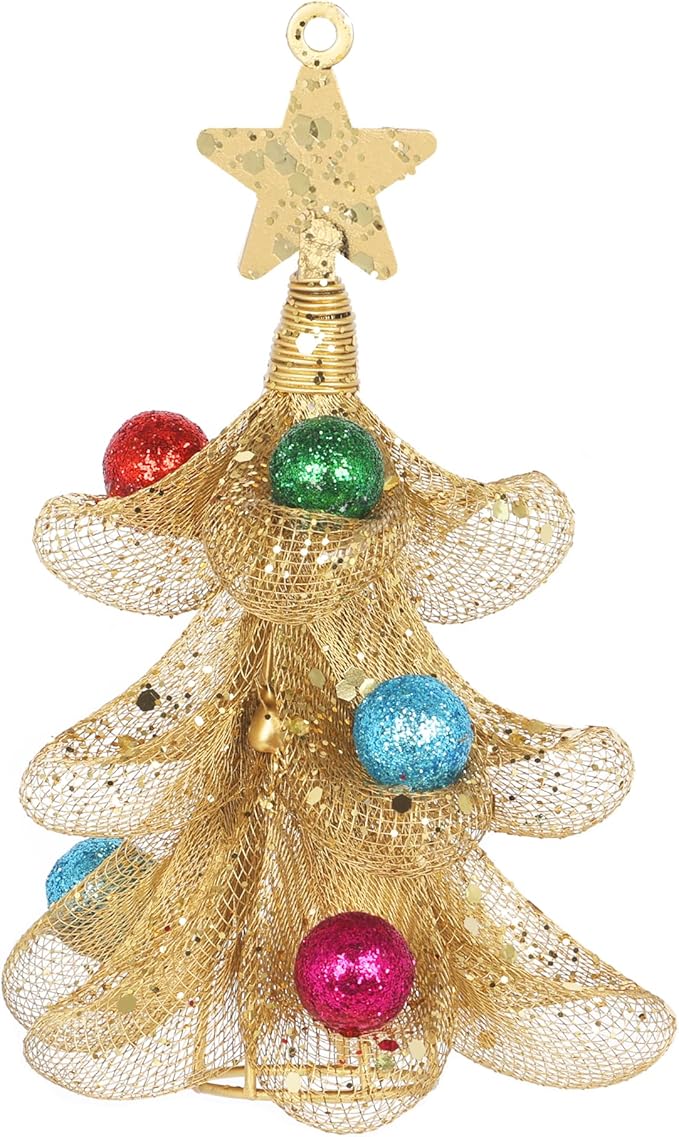 XMIAOX Mini Metal Christmas Tree, 5.9" Handcrafted Wire Mesh Tree Tabletop Hanging Ornament with Star Tree Topper & Colorful Glitter Balls, Sparkling Holiday Decoration for Desk, Shelf & Home Décor