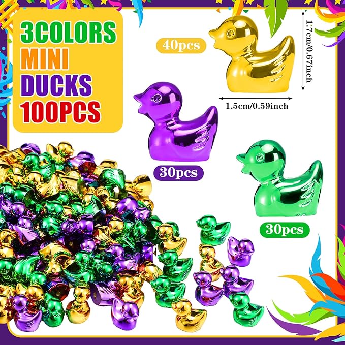 100 Pcs Shiny Mardi Gras Mini Duck Figures Colorful Mardi Gras Duck Decor Micro Landscape Aquarium Garden Hide and Seek Carnival Decoration Charm for Party Gift(Green, Gold, and Purple)