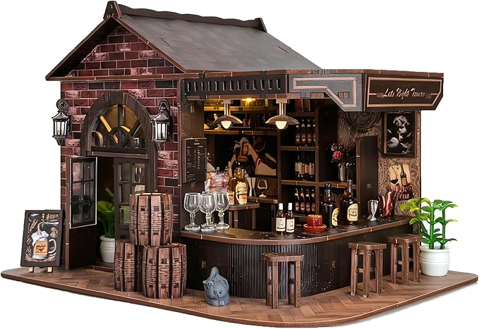 Book Nook Kit, DIY 3D Wooden Puzzle Miniature House, Vintage Pub Corner Tavern with LED Lights, Mini Dollhouse Building Kit Tiny House for Adults, Christmas Birthday Valentine's Day Gift for Family