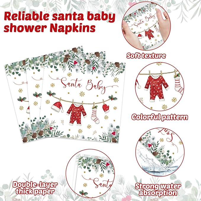 96 Pcs Christmas Baby Shower Party Plates Napkins Santa Clothes Tableware A Santa Baby Is On The Way Plates Napkins Christmas Shower Supplies Xmas Party Dinnerware Set Decorations for 24 Guests