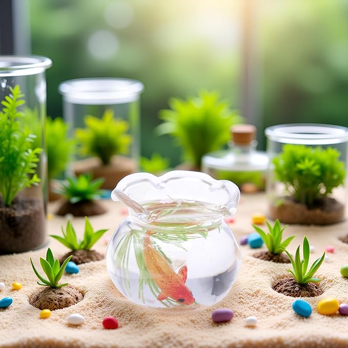 1Pcs Multicolour Mini Round Fish Tank Realistic Glass Decor for Dollhouse Display Captivating Miniature for Crafts Ornaments Handmade Landscape,Miniature Goldfish Bowls,Dollhouse Accessories(Gold)