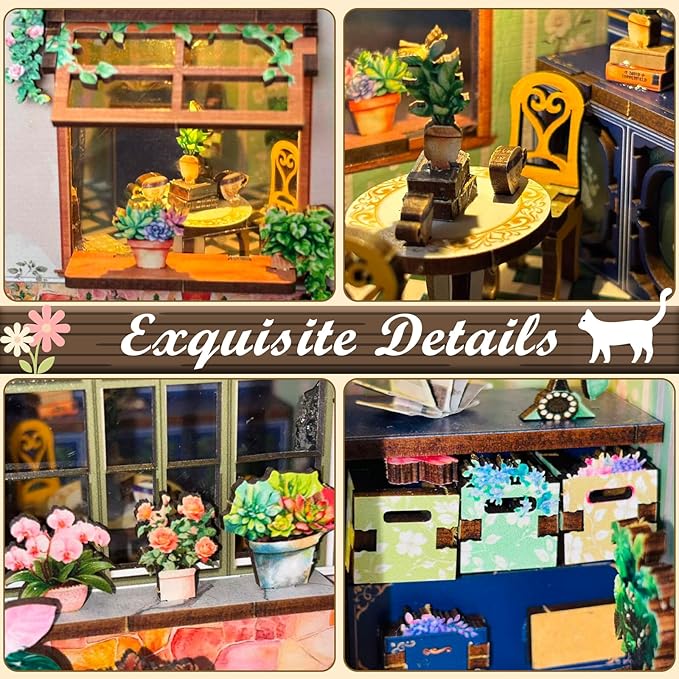 Book Nook Kit – DIY Miniature House Kit with LED Light, 3D Wooden Puzzle Bookshelf Insert Decor, Flower Shop Style Booknook for Adults and Teens, Creative Gift Idea