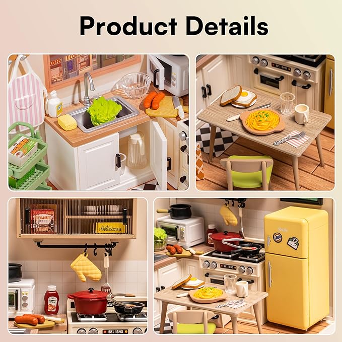 Rolife DIY Miniature Plastic House Building Set Toys Playset with LED Suitable for Mini Figures Construction Toys Diorama Kit Gifts for Teens Adults (Happy Meals Kitchen)