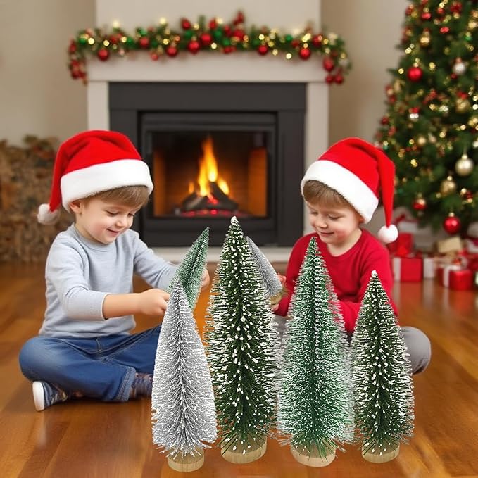 Yahpetes Christmas Trees 6 Pcs Artificial Bottle Brush Tabletop Trees Christmas Table Decorations for Xmas Holiday Party Decor (Silver,Green,Dark Green 6Pcs)