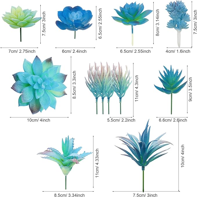 Cayway 21 PCS Artificial Succulent Plants, Blue Fake Succulent, Unpotted Faux Succulent Assortment in Flocked Blue in Different Type for Birthday Home Decor Indoor Wall Garden DIY