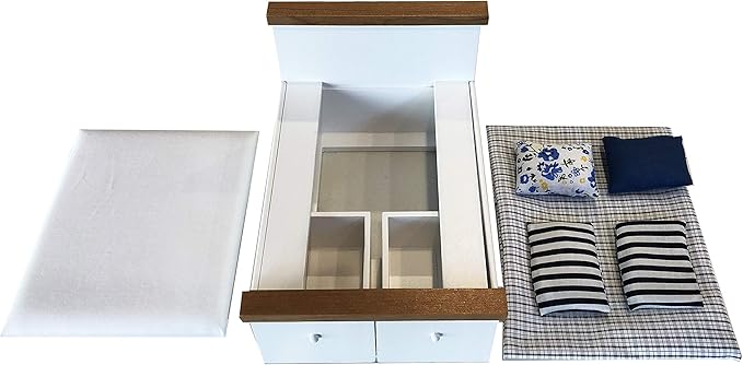 Dollhouse Furniture Queen Bed Set, mini Bedroom Accessories for 6 inch Dolls, Grey Bedding, White Wooden Frame, 1/12 Scale