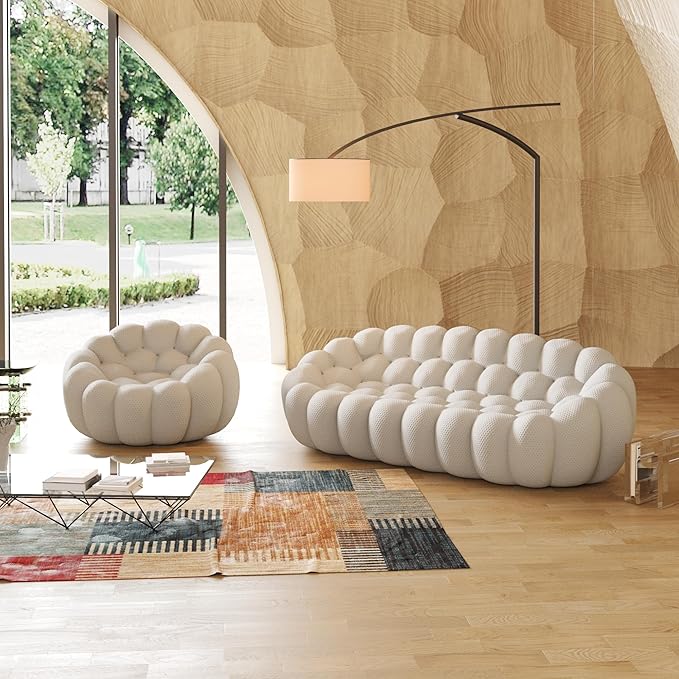JACH 3 Seater Bubble Sofa and Single Seat Curved Couch, Comfy Upholstered Sofa, Mesh Fabric 3D Honeycomb Shape Modern Couch for Living Room, Office, Apartment, Small Space (Light Grey)