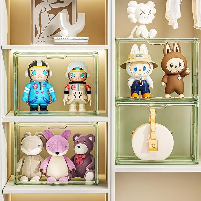 Clear Green Acrylic Figure Display Case for Collectibles 4 Layer Hobby Figurine Display Shelf Cases Stackable Display Boxes with Shelves for Pop Mart Labubu Action Figures, Car Model, 1 Pack