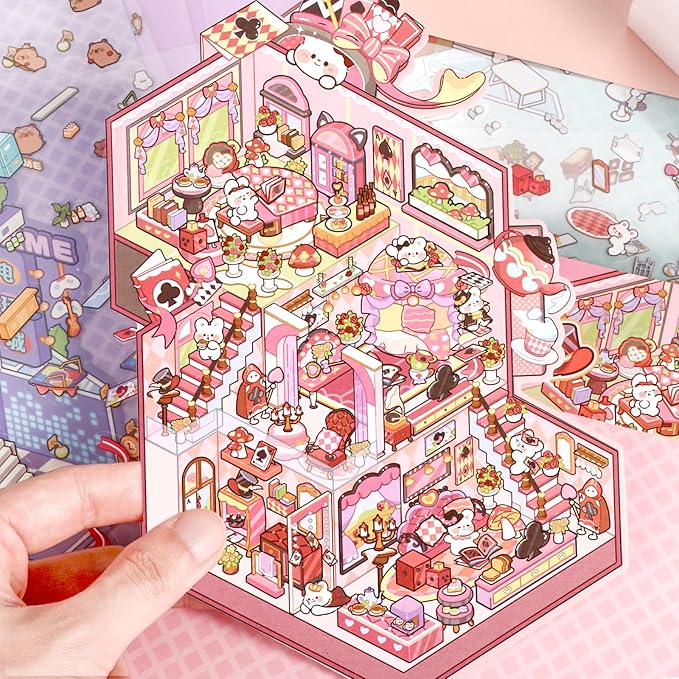 DIY 3D House Stickers, 4 Set Fun DIY Stickers Scene Make Your Own Warm Home, Supermarket, Coffee Shop, Music Bar, Cute 3D Cartoon Scene Sticker for Adult Kids Relief Stress Pass The Time(XMPLUS3.0)