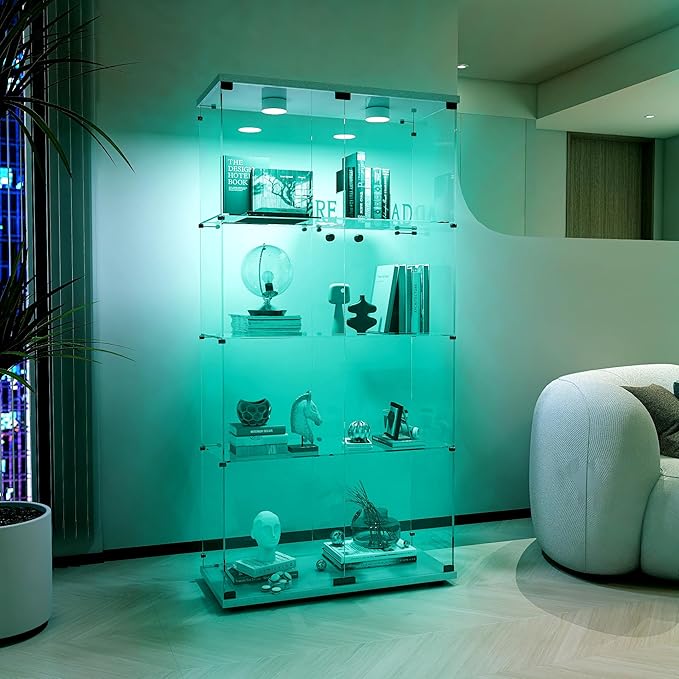 Glass Display Cabinet with Lights and Lock, 4-Tier Display Case Curio Cabinet with Glass Door, Floor Standing Showcase for Living Room Bedroom Home Office 31" W x 14.3" D x 64.5" H