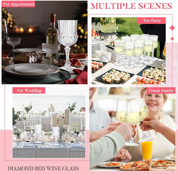 Pinkunn 12 Pcs 7 oz Plastic Vintage Wine Glasses Reusable Colored Goblets Patterned Drinking Water Glasses Cup Dishwasher Safe for Valentine's Day Wedding Reception Party Supplies (Transparent)