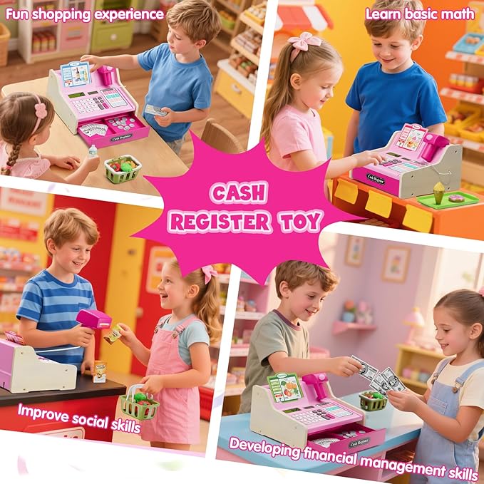 Wee Wonders Wooden Cash Register for Kids with Real Calculator, Rechargeable Cash Register Toy with Scanner/Play Money/Food/Credit Card/Menu, Pretend Play Toys Gifts for Boys Girls Ages 3-8,Color