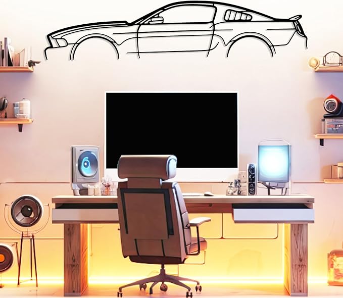 DecoSoul Mustang Metal Car Wall Art, Sports Car, Automotive Silhouette Line Decoration, Minimalist Sculpture for Garage, Indoor Outdoor Wall Hanging, Gift for Boyfriend (Black - 15 x 4.1” inch)