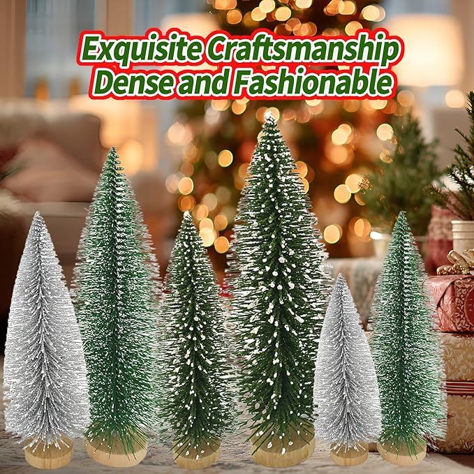 Yahpetes Christmas Trees 6 Pcs Artificial Bottle Brush Tabletop Trees Christmas Table Decorations for Xmas Holiday Party Decor (Silver,Green,Dark Green 6Pcs)