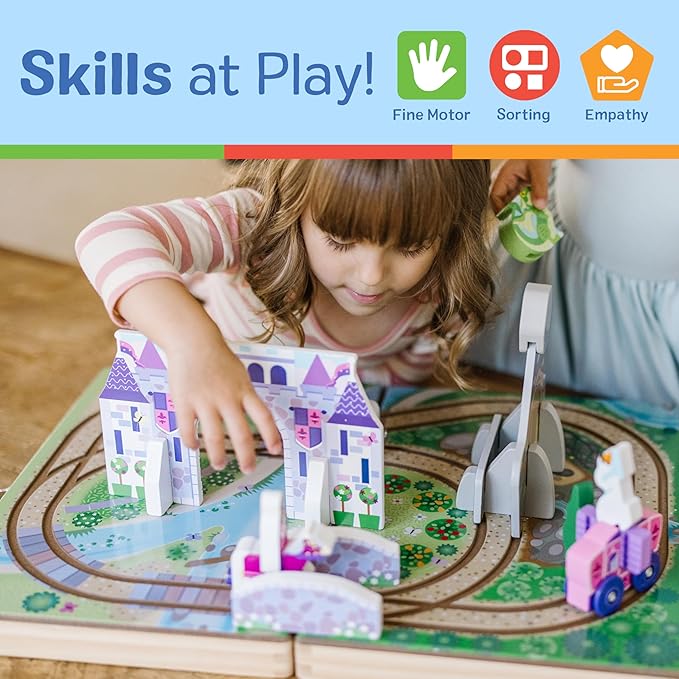 Melissa & Doug 19-Piece Wooden Take-Along Tabletop Kingdom – Carriage, Horse, Unicorn, Dragon, More