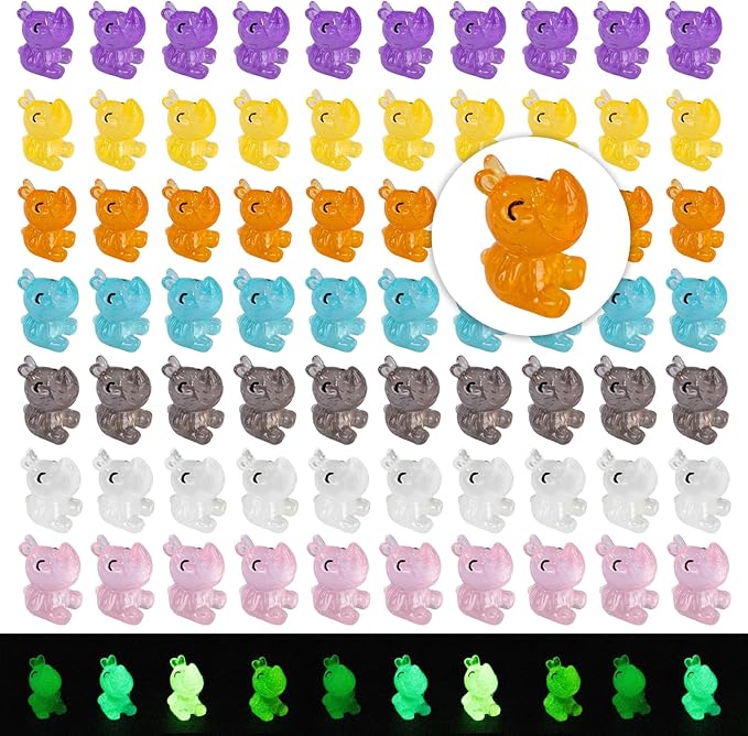 70 Pcs Luminous Mini Resin Rhino Tiny Cow Miniature Pig Figures Glow in The Dark for DIY Garden Dollhouse Wildlife Accessories Micro Landscape Aquarium Party Decor