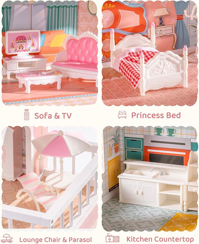 ROBOTIME 28PCS Dollhouse Furniture and Accessories Set, 1:12 Scale Doll House Mini Furniture Playset with Bedroom, Living Room, Bathroom Accessories, Pretend Play Furniture Toys Gift for Kids Girls