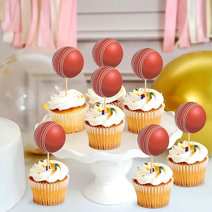 Ercadio 24 Pack Double Sided Cricket Cupcake Toppers Sports Ball Cricket Cupcake Picks Cricket Theme Birthday Cake Decorations for Baby Shower Kids Birthday Party Cake Decorations Supplies, Red-1