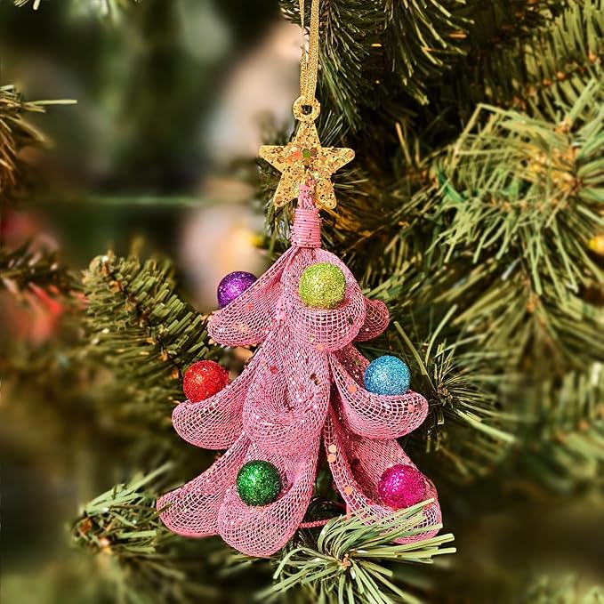 XMIAOX Mini Metal Christmas Tree, 5.9" Handcrafted Wire Mesh Tree Tabletop Hanging Ornament with Star Tree Topper & Colorful Glitter Balls, Sparkling Holiday Decoration for Desk, Shelf & Home Décor