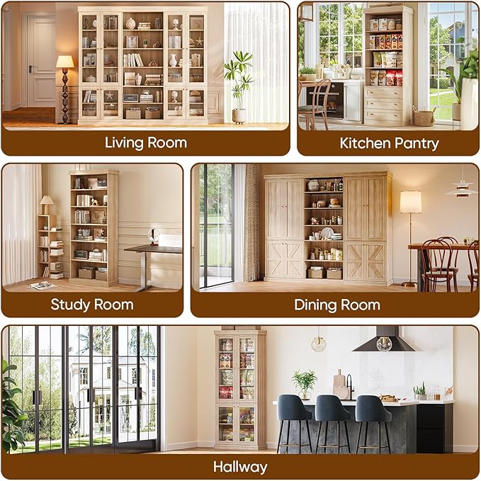70.8" Tall Brown Bookshelf with Glass Doors, Farmhouse Modular Bookcase with 6-Tier Adjustable Shelves, Large Storage Cabinet for Home Office, Living Room, Set of 4