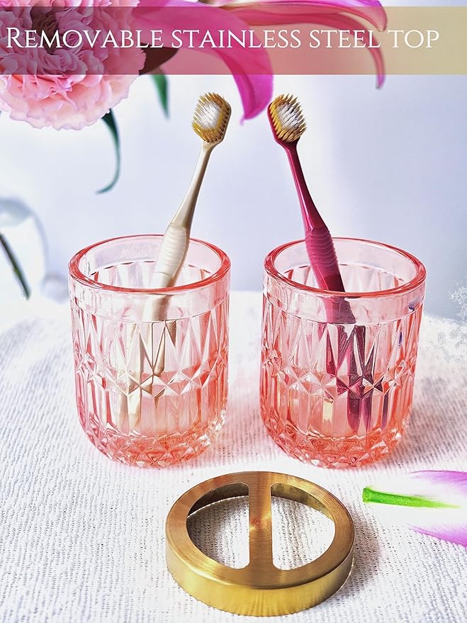 LaMarriti 5pcs Clear Glass Bathroom Accessories Set, Crystal Pink Bathroom Decor Set, Soap Dispenser, Toothbrush Holder Set, Soap Dish, Tumbler, Qtips Holder, Modern Decor for Bathroom, Gift Set