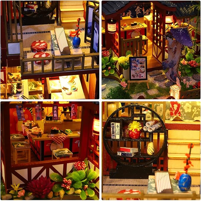 GuDoQi DIY Miniature Dollhouse Kit, 1:24 Scale Tiny House with Music Plant, Model Craft Kit for Adults, Great Handmade Gift for Birthday Christmas Day, Japanese Villa Courtyard