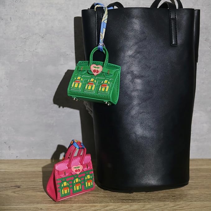 Buyborgood Women's 2 PCS Mini Tote Bag Charms Keychain Pouch Small Coin Purse Wallet (Rose Red + Green)