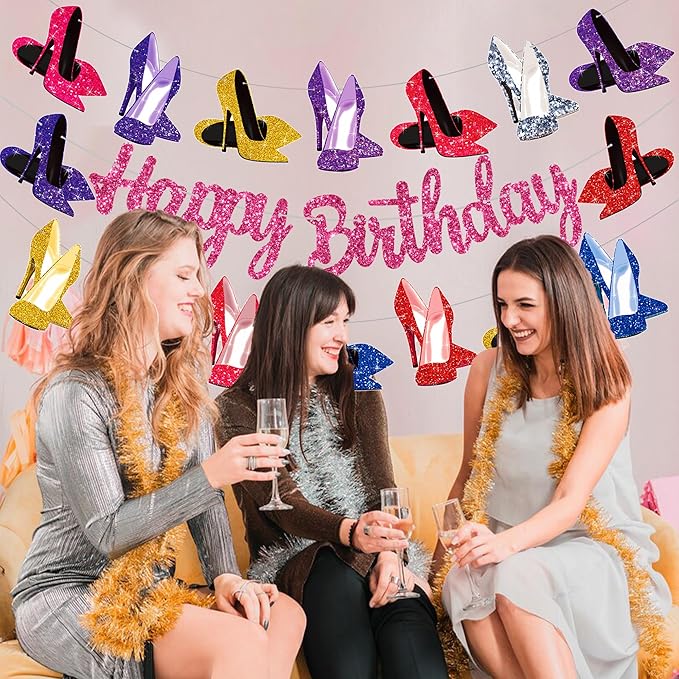 High Heel Theme Banners Rose Gold High Heel Birthday Decorations Girls Birdal Shower Wedding Party Supplies Stiletto Shoes Party Favor Banners for Women Birthday Decor