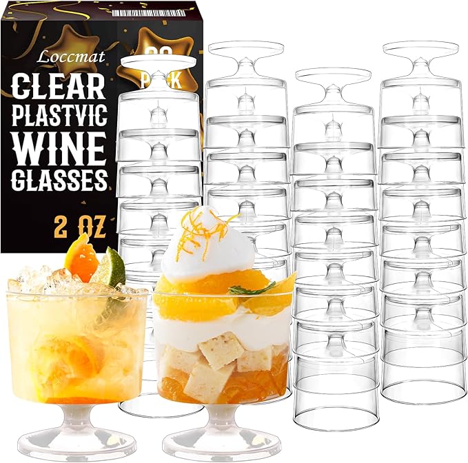 Loccmat 2 oz Mini Dessert Cups, 80 Pack Clear Plastic Wine Glasses, Disposable Dessert Shot Glasses for Party, Wedding, Birthday, Tasting