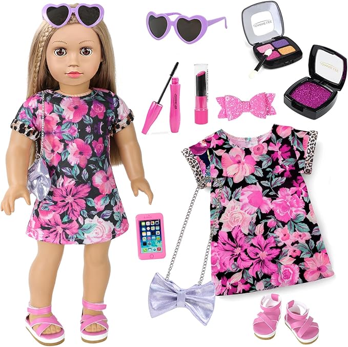 VAWMJOT American 18 Inch Doll Makeup Accessories and Clothes,Messenger Bag Set for 18 Inch Dolls Include Sunglasses Phone Lipstick Eyelash Brush Eye Shadow Blusher Butterfly Hair Clip and Shoes