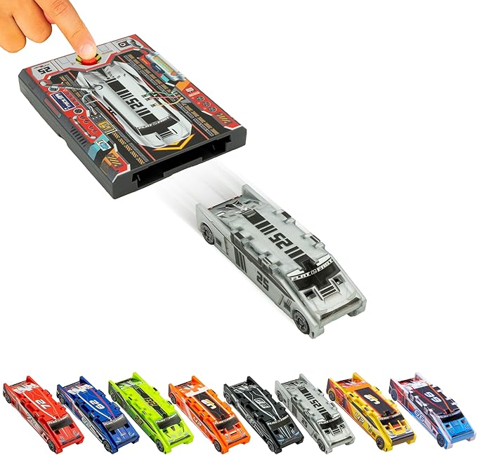 FLAT 2 FAST Original Stunt Card Racer – Flat Car Racer and Pocket Size Racecar Launcher with Built-in Button for Stunt Launching and Racing – Compact – Arctic Silver