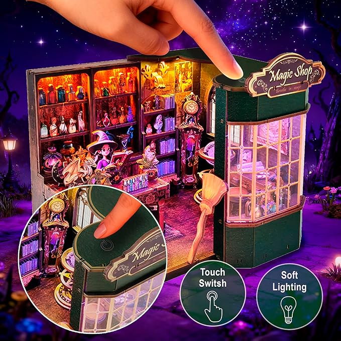 Book Nook Kit - DIY Miniature House Dollhouse Kit for Adult and Teens, Tiny House Bookshelf Decor 3D Wooden Puzzle with LED Lighting, Gifts for Family, Friends (Magic Shop)